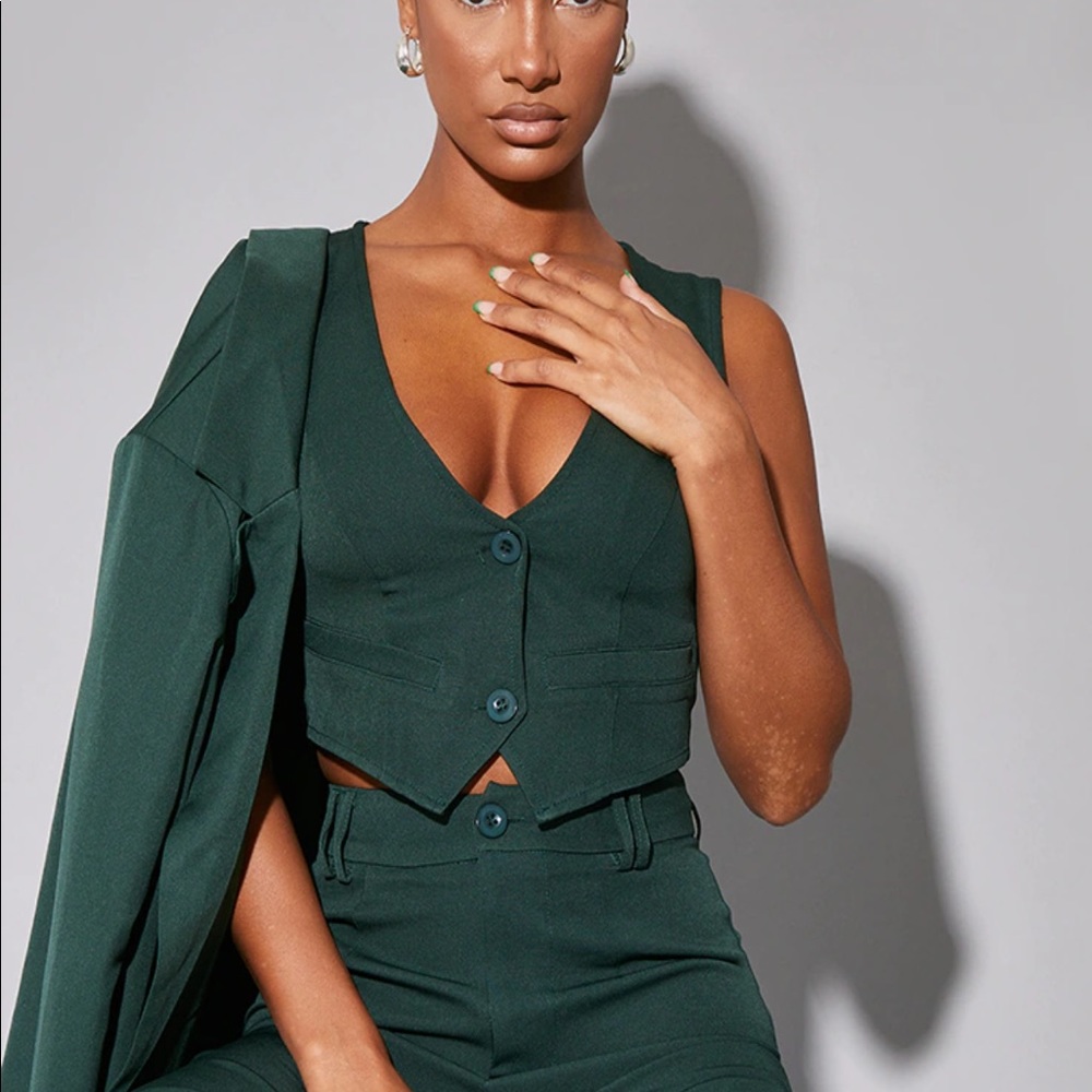 Dark Green Woven Belted Back Detail Suit Waistcoat Top, *green vest*